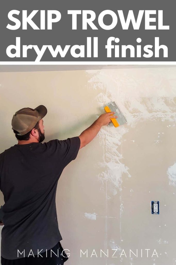 man wearing cap and black shirt applying trowel texture on the wall with drywall knife with text overlay that says skip trowel drywall finish